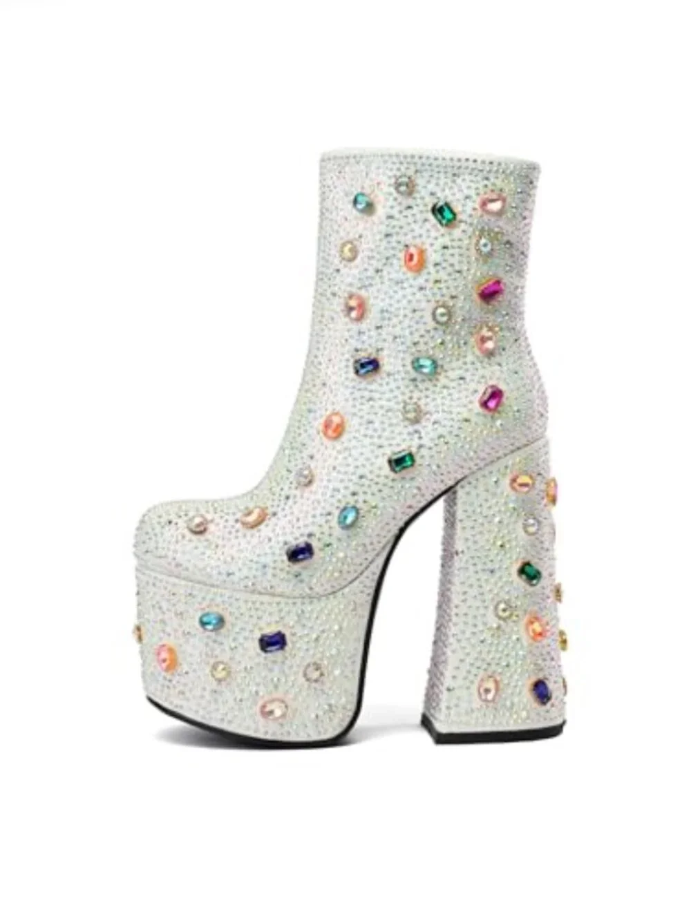 Rhinestone Platform Ankle Boots with Chunky Heel, Round Toe for Party &